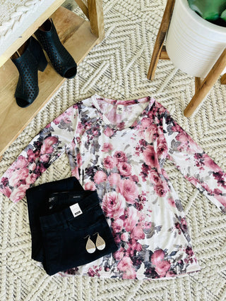 In Living Color Pink and Gray Floral Top